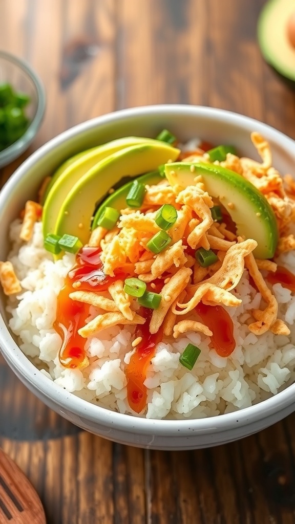 A colorful Crunch Roll Sushi Bowl with sushi rice, imitation crab, avocado, tempura flakes, garnished with sesame seeds and green onions.